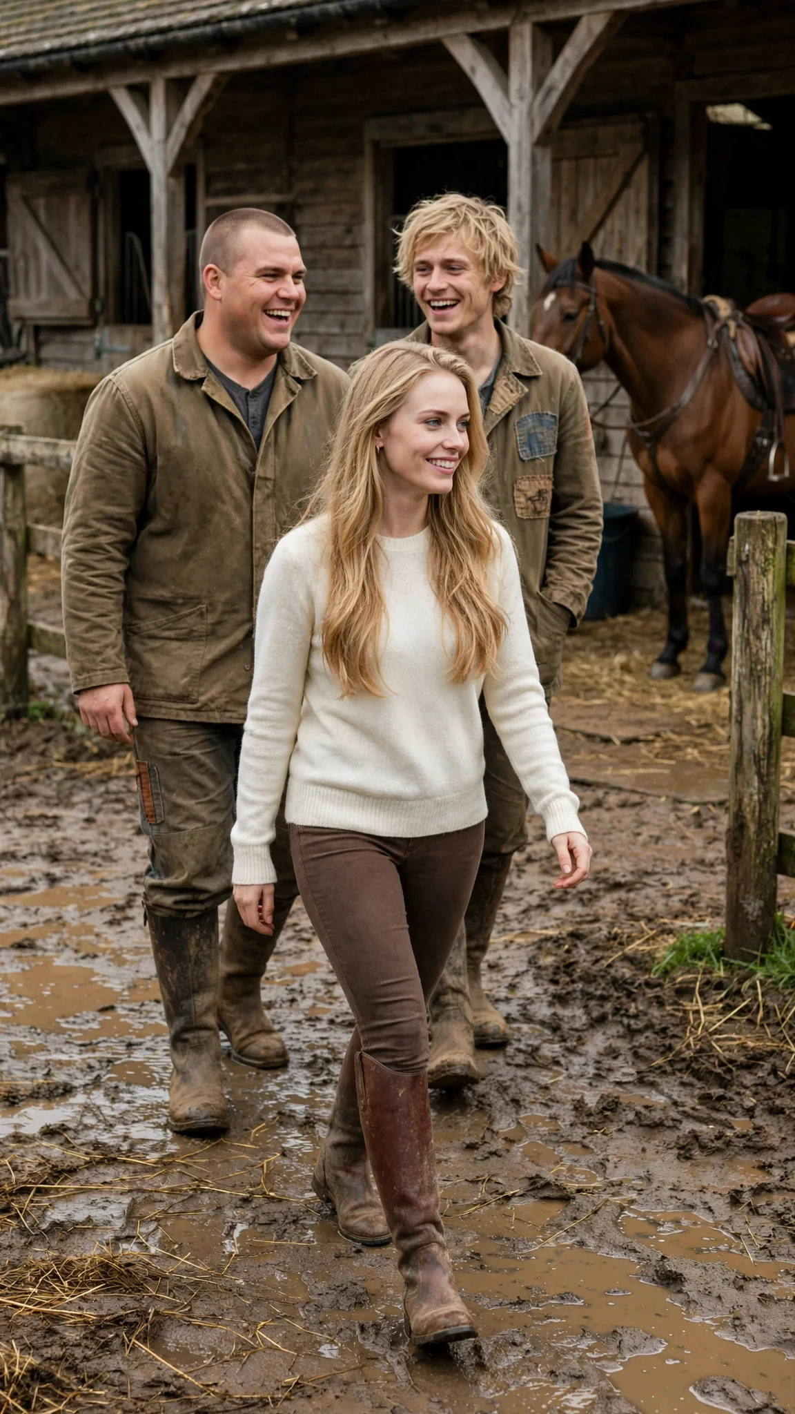 A polished blonde woman in a cream sweater crosses the yard with two men, smiling.