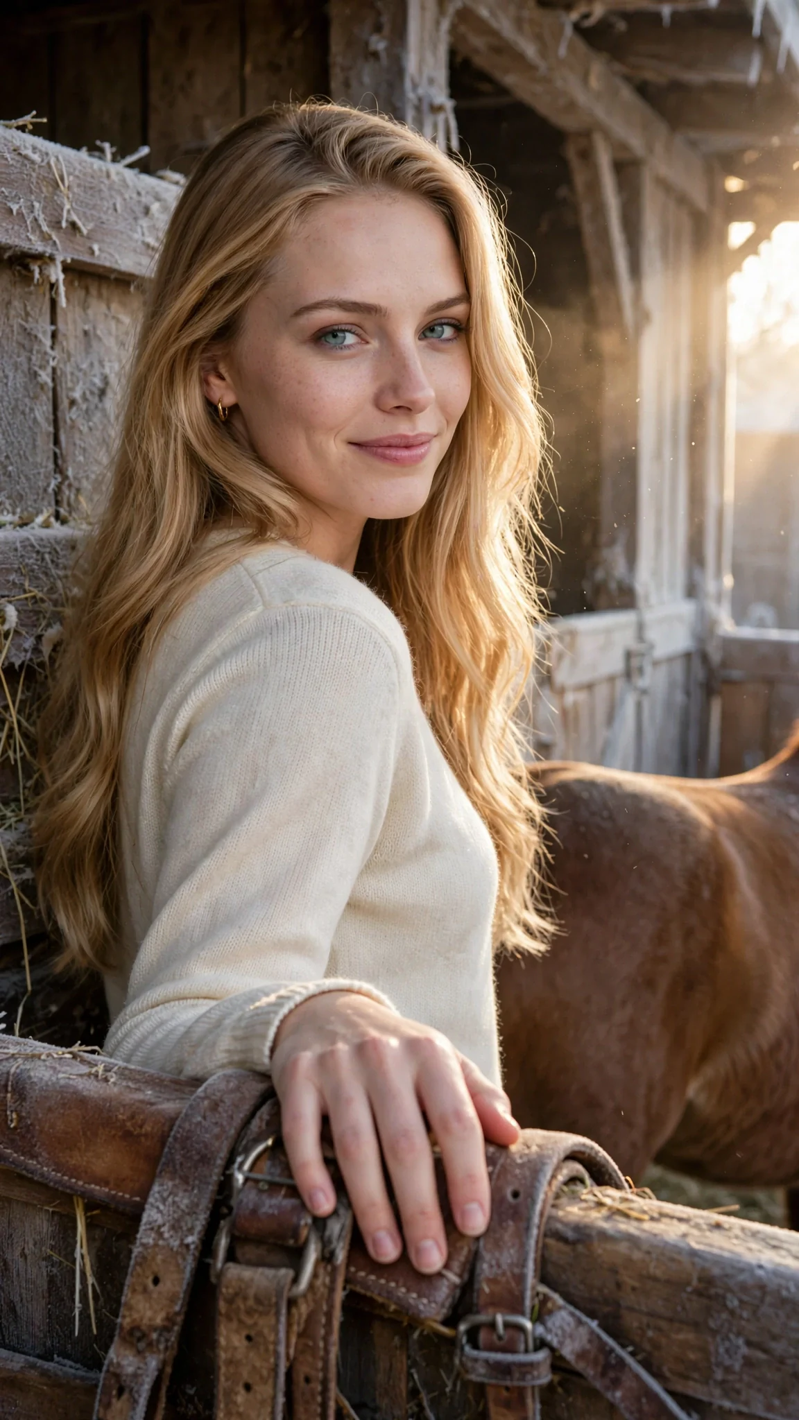 The blonde woman's pale hand rests on the saddle girth while she smiles over her shoulder.