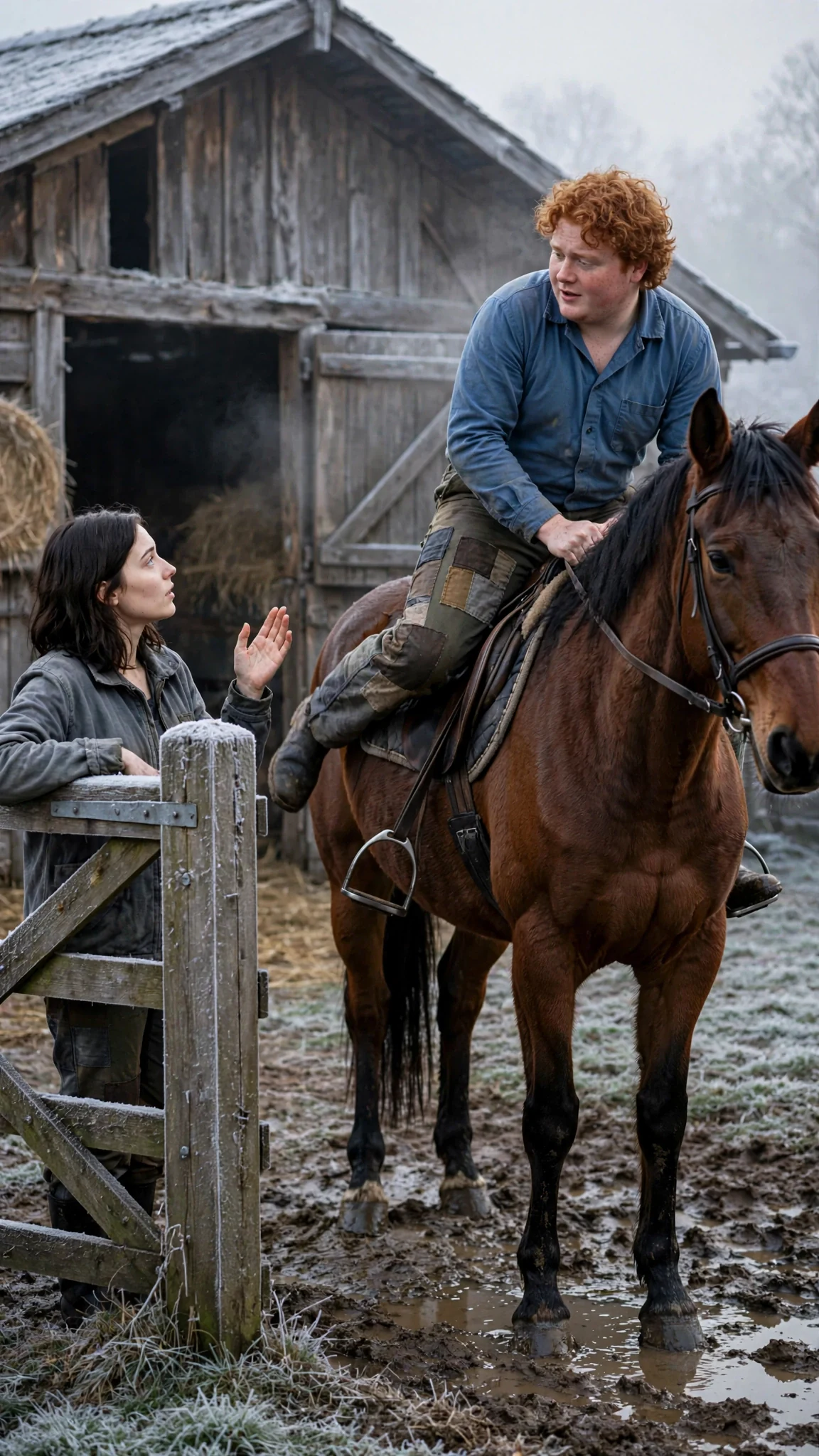 The red-haired man swings up onto the mare while the woman in gray stands at the gate.