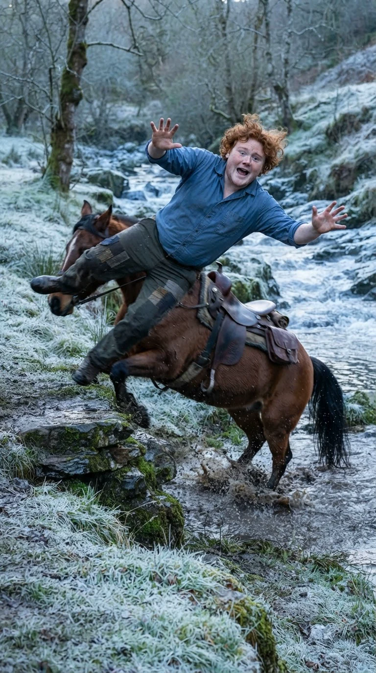 A rider pitches over the horse's shoulder as the saddle slides loose and the mare bolts.