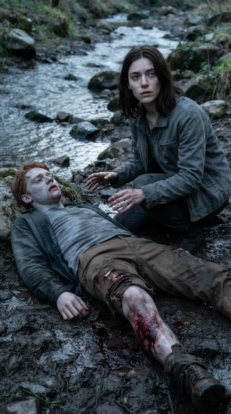 The woman in gray kneels in the mud over the fallen man, his shin bent wrong and bloody.