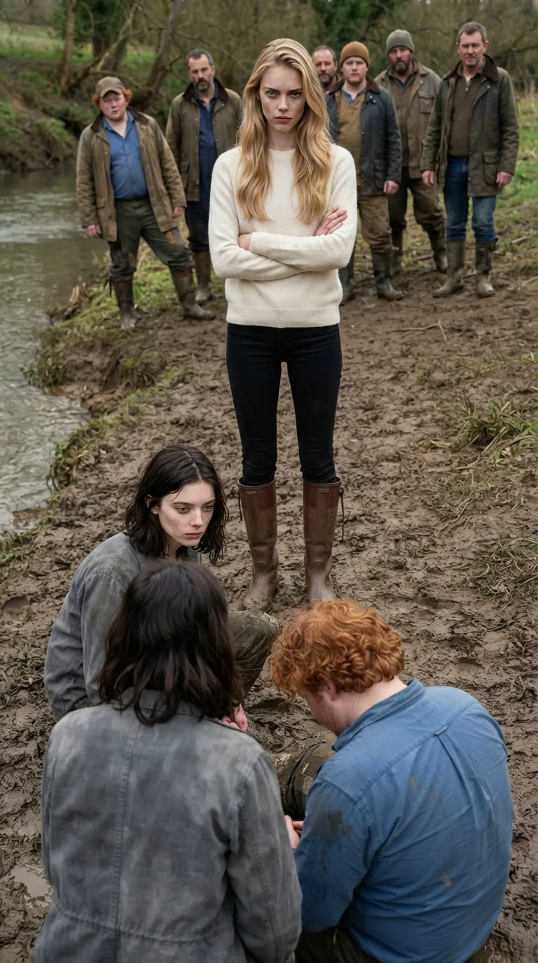 The blonde woman in cream stands over them with folded arms, cold-eyed, the yard filling with pack members behind her.