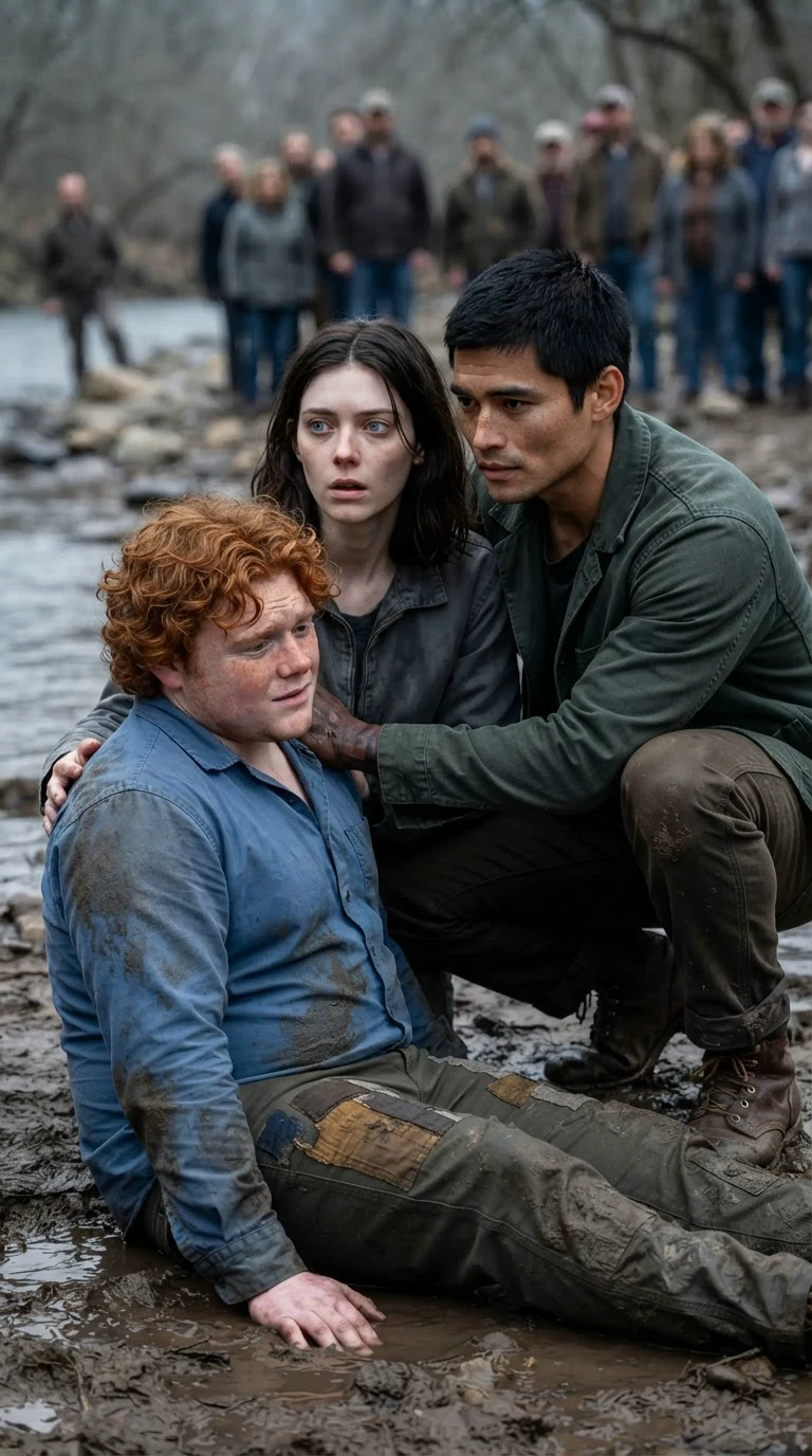 A broad-shouldered man in a dark green jacket kneels on the other side of the injured man, shoulder to shoulder with the woman in gray.