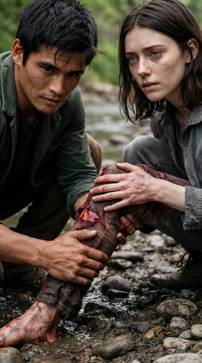 Her bloodied hands press the broken leg straight while the man in green braces it, both faces strained.