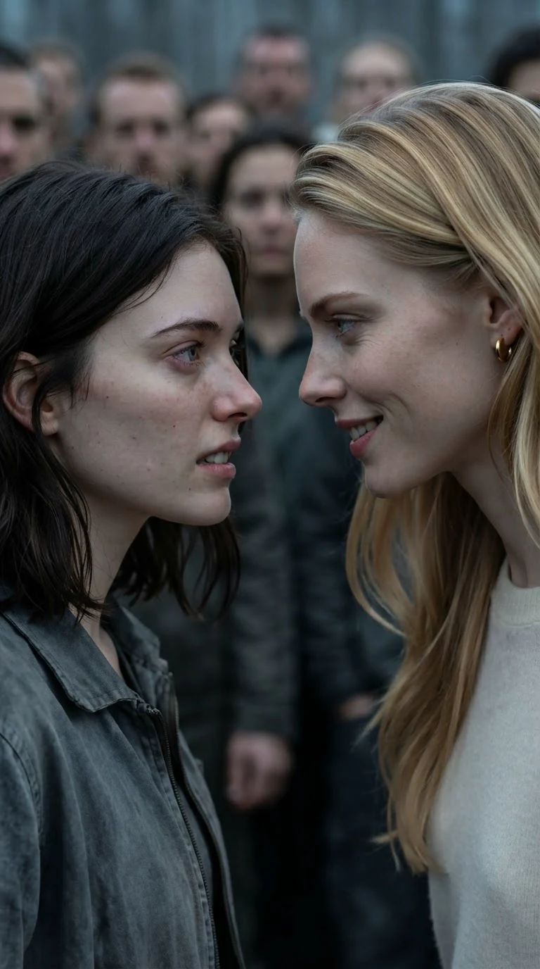 The blonde woman leans into the dark-haired woman's face, her smile thin and cruel.