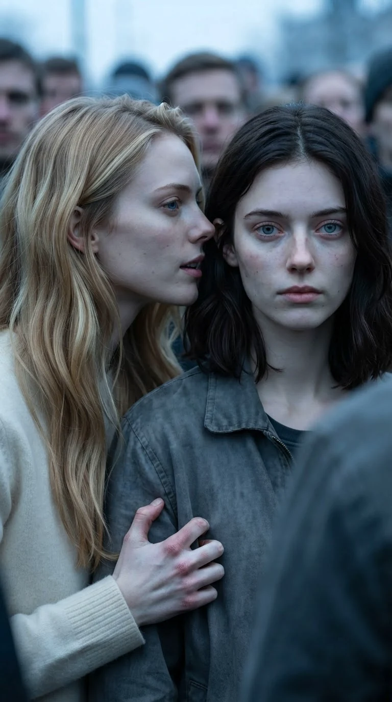 The blonde's fingers dig white-knuckled into the dark-haired woman's arm as she whispers.