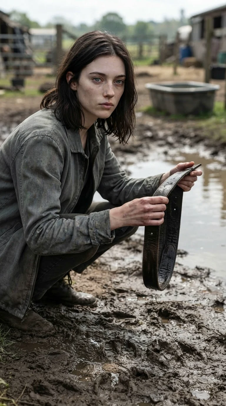 The dark-haired woman crouches and lifts a cut leather strap out of the mud, her face blank.