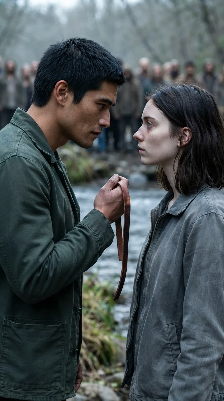 The man in the green jacket looks down at the strap in her hands, then at her face, close enough to feel.