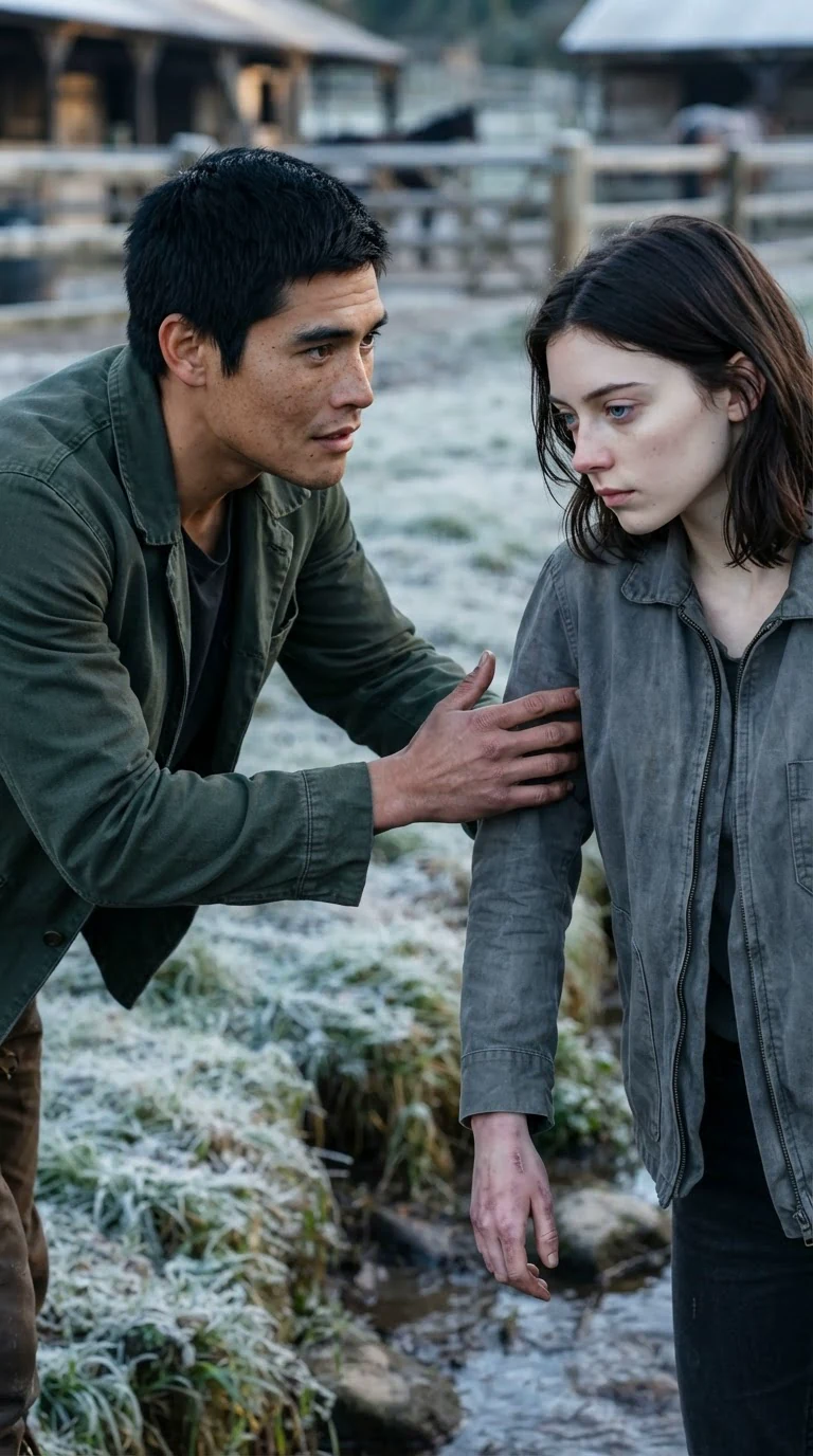 The man in green speaks low and urgent, one hand lifted toward her, and she answers without looking at him.