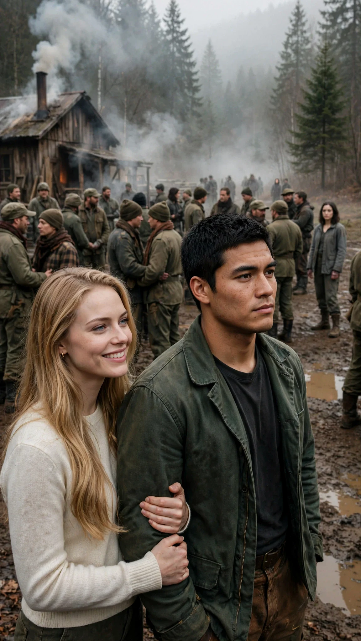 A cold muddy drill yard full of fighters, a honey-blonde woman holding the arm of a broad-shouldered man in a green jacket, a dark-haired woman alone at the back.