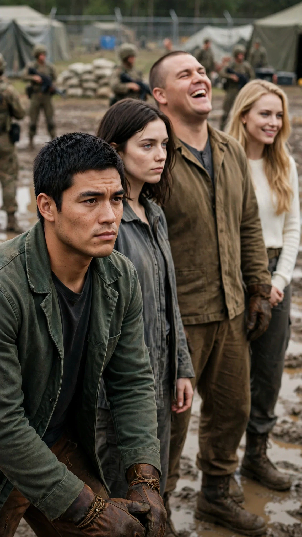 The Alpha standing before a lean dark-haired fighter, a laughing man behind him, a blonde woman smiling coldly over his shoulder.