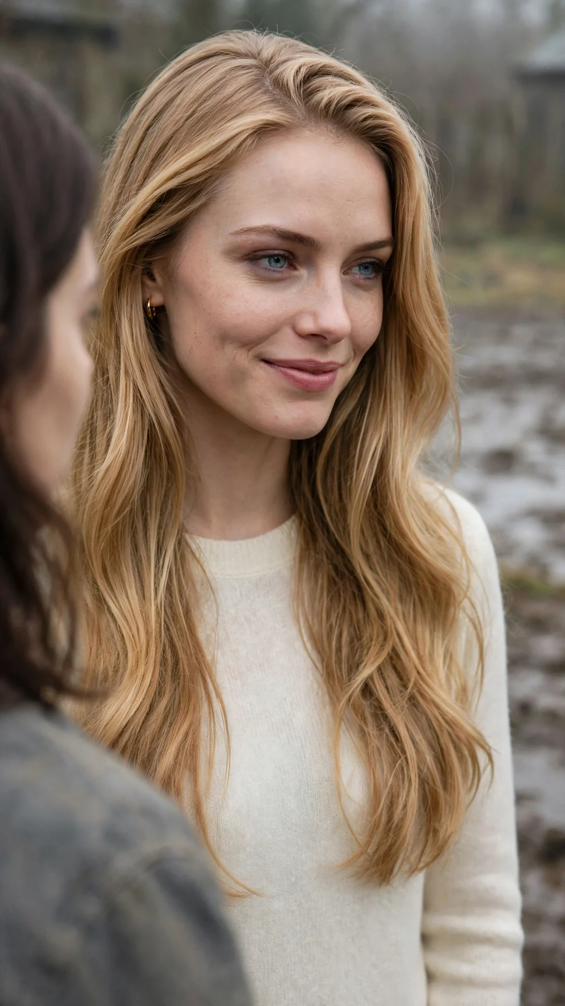A blonde woman in a cream sweater smiling sweetly and speaking, her eyes fixed on another woman.