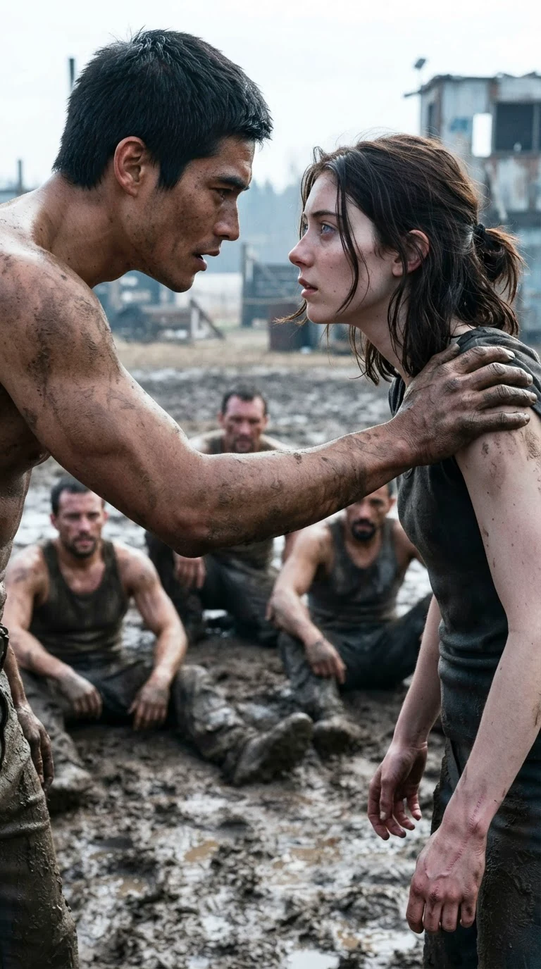 The Alpha's hand on a lean fighter's shoulder after a sparring drill, both breathing hard in the mud.