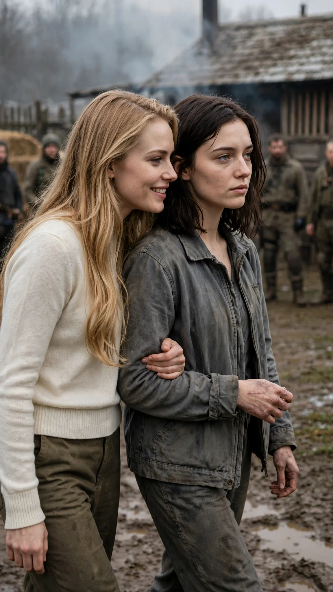 Two women walking arm in arm at the edge of a training yard, the blonde one leaning in close to speak.