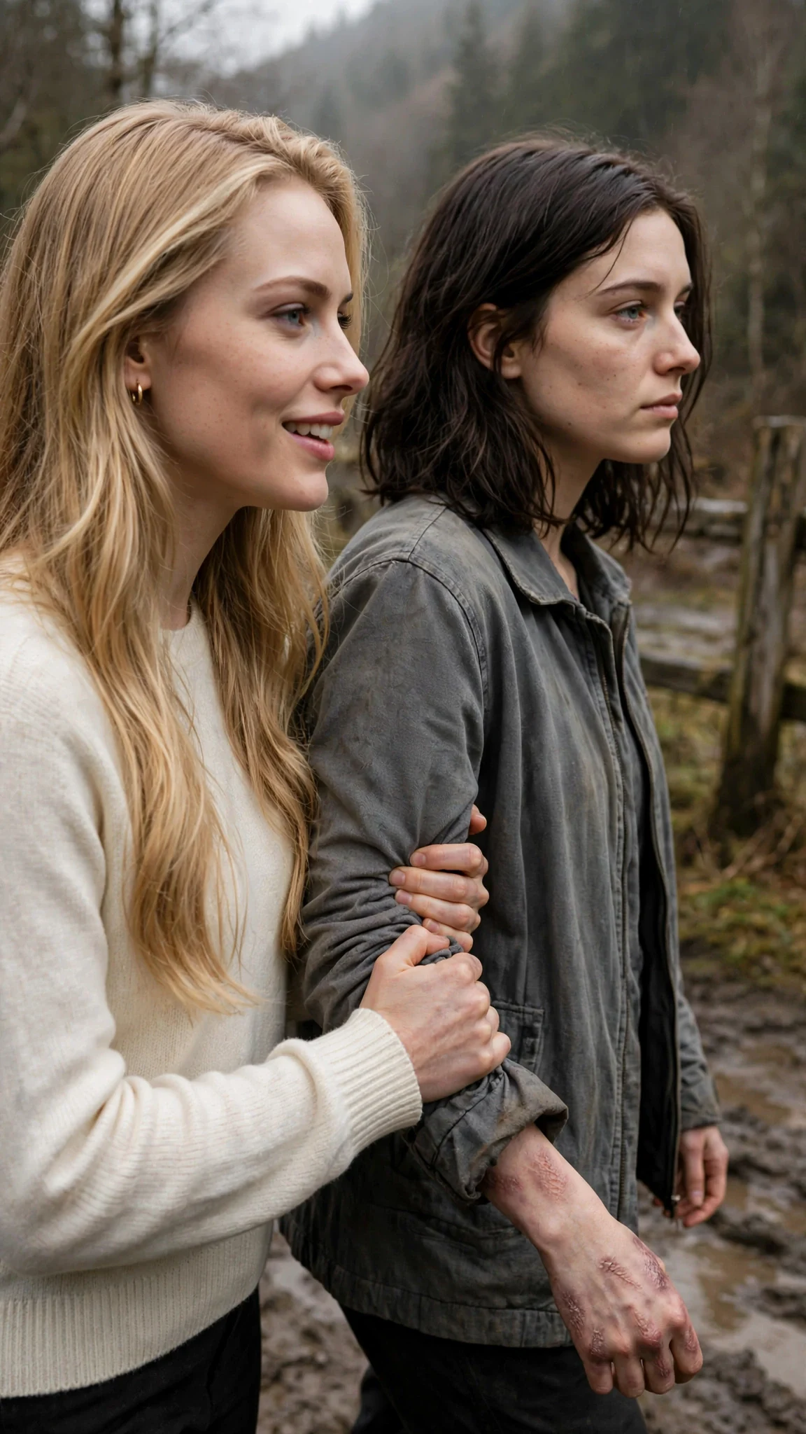 A blonde woman's hand squeezing a dark-haired woman's arm as they walk, both faces tight.