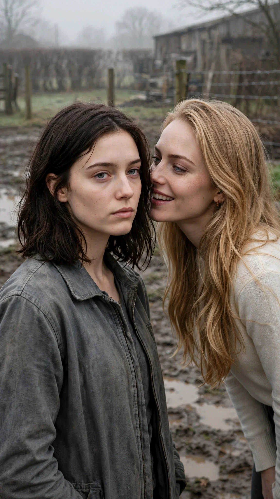 A dark-haired woman in a gray jacket keeping her face blank while a blonde woman whispers beside her.