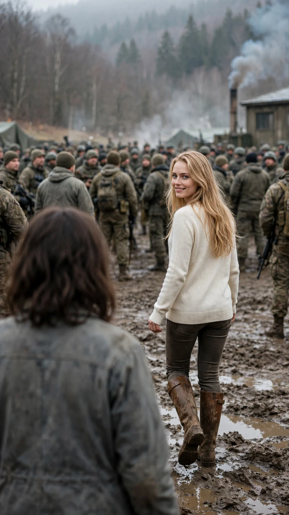A blonde woman walking away across a muddy yard, looking back over her shoulder with a smile.