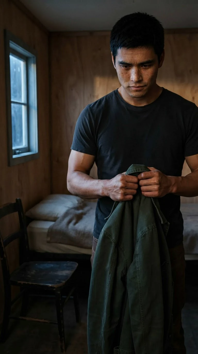 A broad-shouldered man alone in a plain room at dusk, a green jacket hung over a wooden chair.