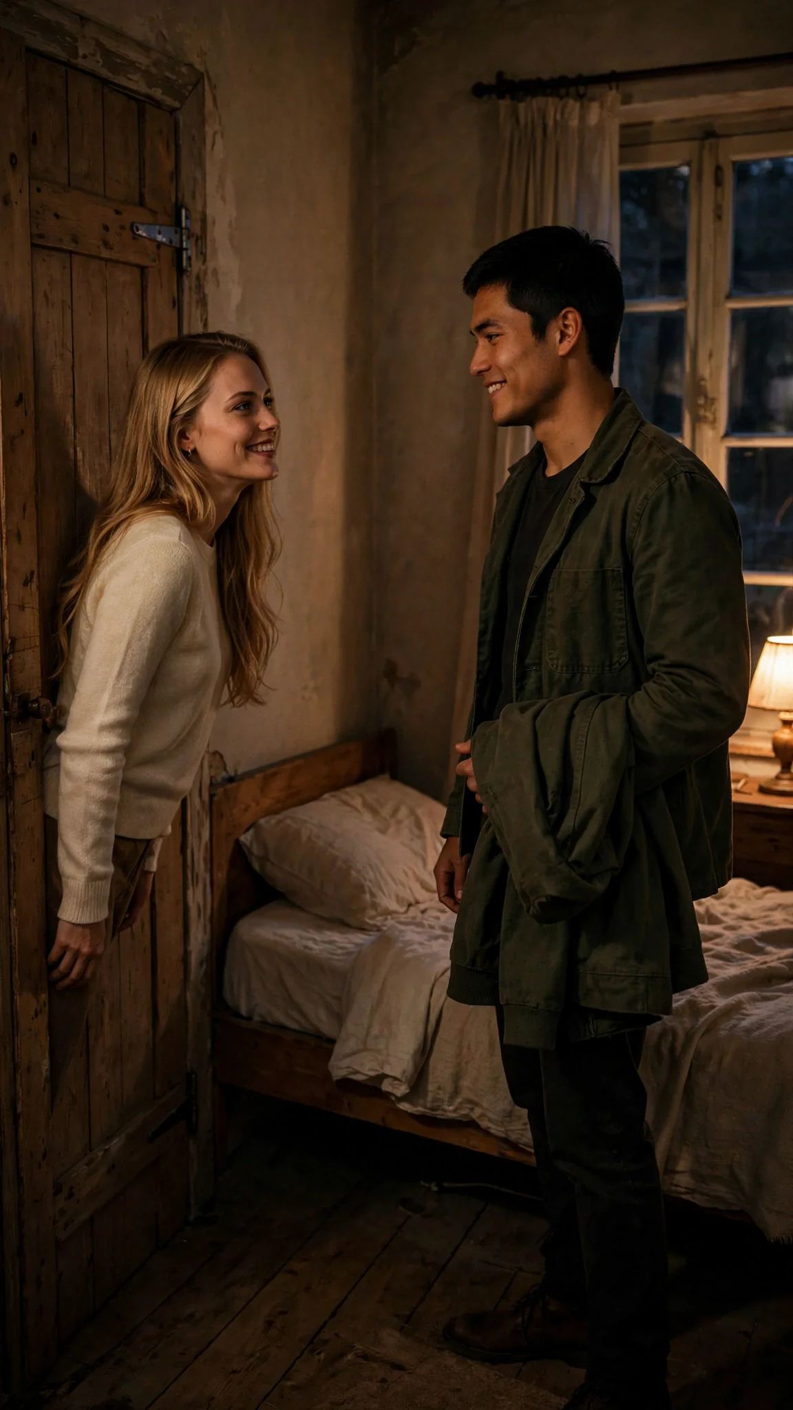 A blonde woman in a cream sweater closing a bedroom door behind her with her hip, smiling at a man.