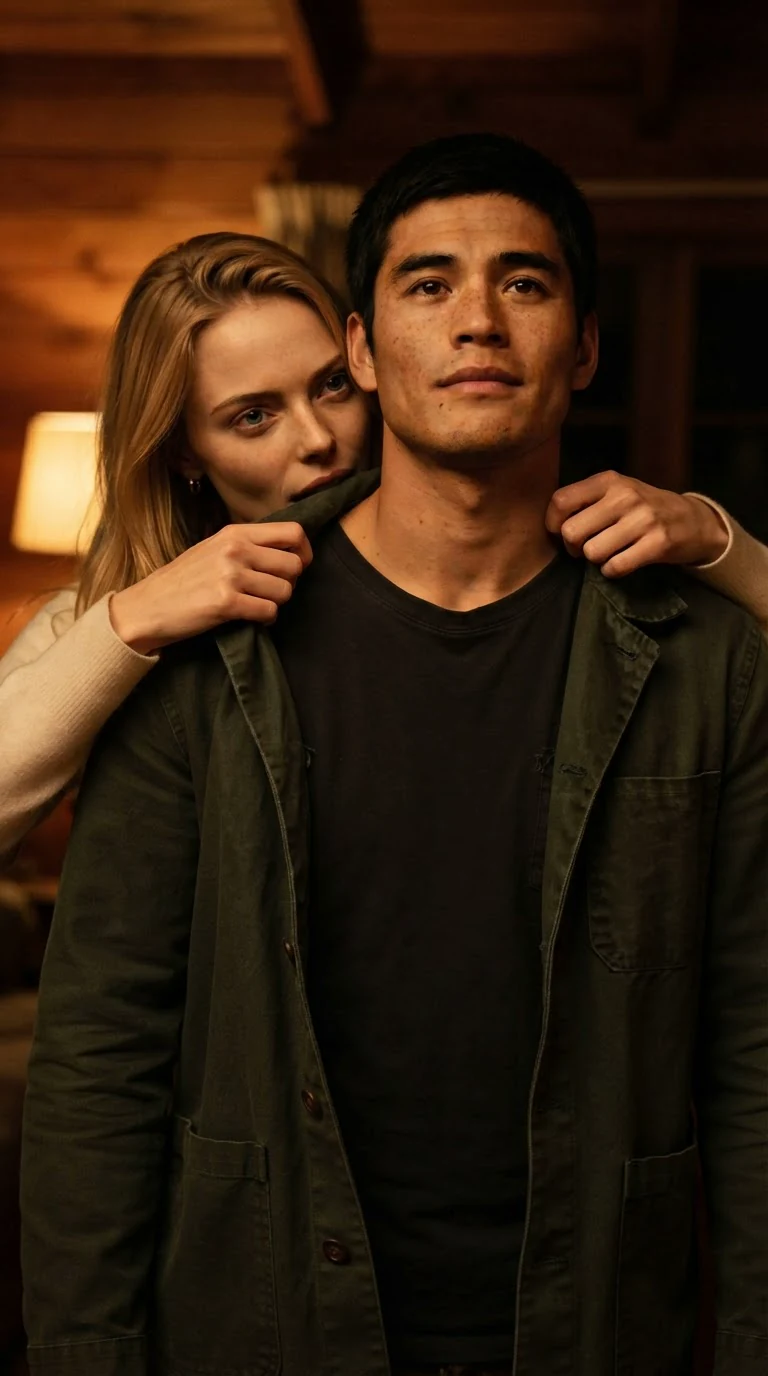 A blonde woman pushing a man's jacket off his shoulders, her face close to his throat.
