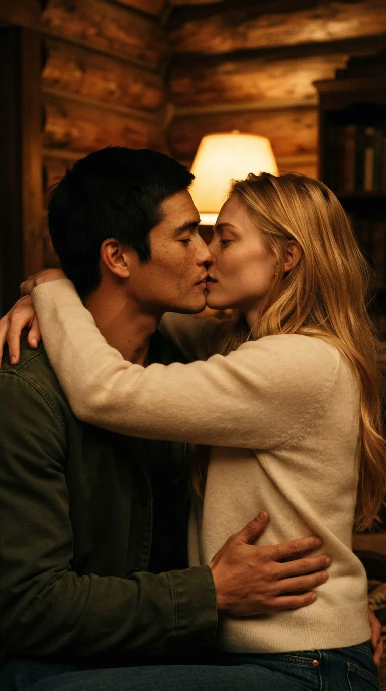 A man and a blonde woman kissing in a dim room, his hand at her waist, her arms around his neck.