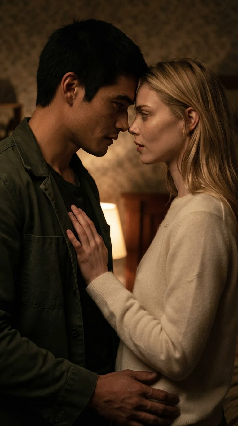 A blonde woman and a dark-haired man close together in a dim room, her hand on his chest, faces inches apart.