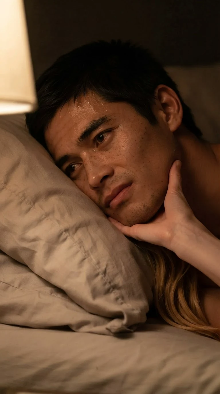 A man's face turned toward a pillow, eyes open and distant, a blonde woman's hand on his jaw.