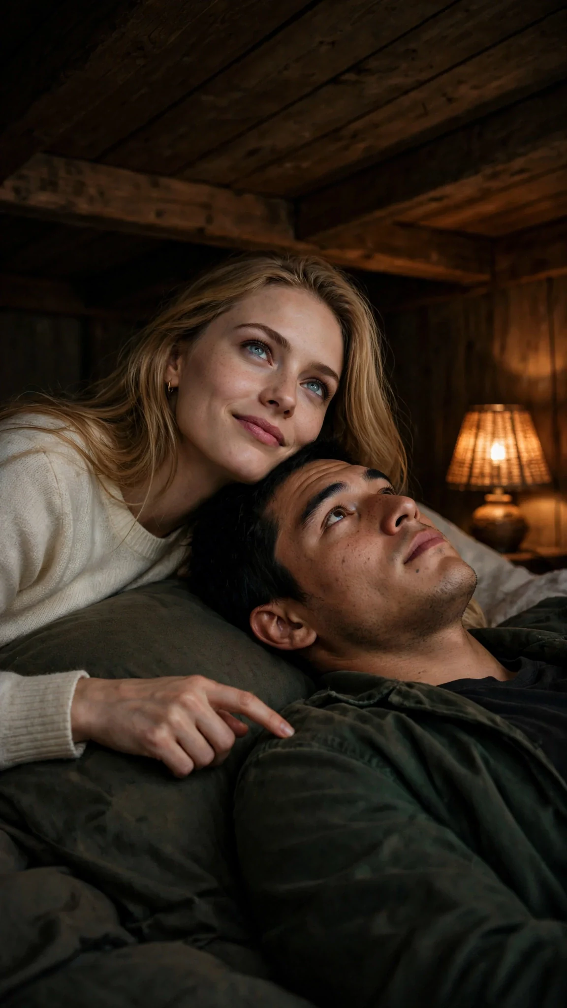 A blonde woman lying against a man's chest, tracing his skin with one finger while he stares past her.