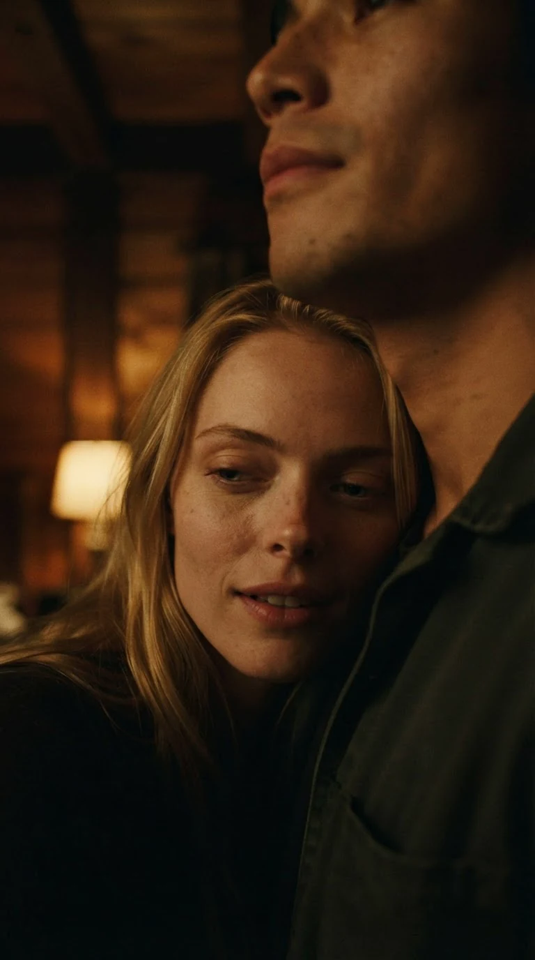 A blonde woman resting her cheek on a man's chest and speaking softly, her eyes half closed.