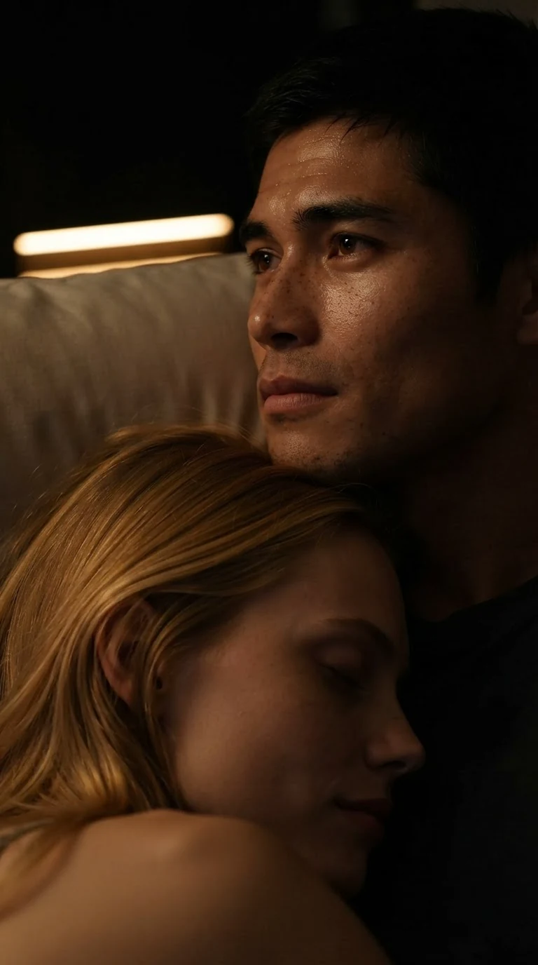 A man lying awake in the dark with a sleeping blonde woman's hair across his chest, his eyes open.