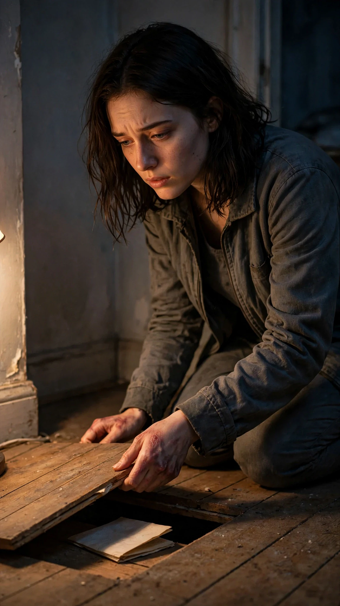 A young woman kneels on a bare floor in a dark room, one hand flat on a lifted board.