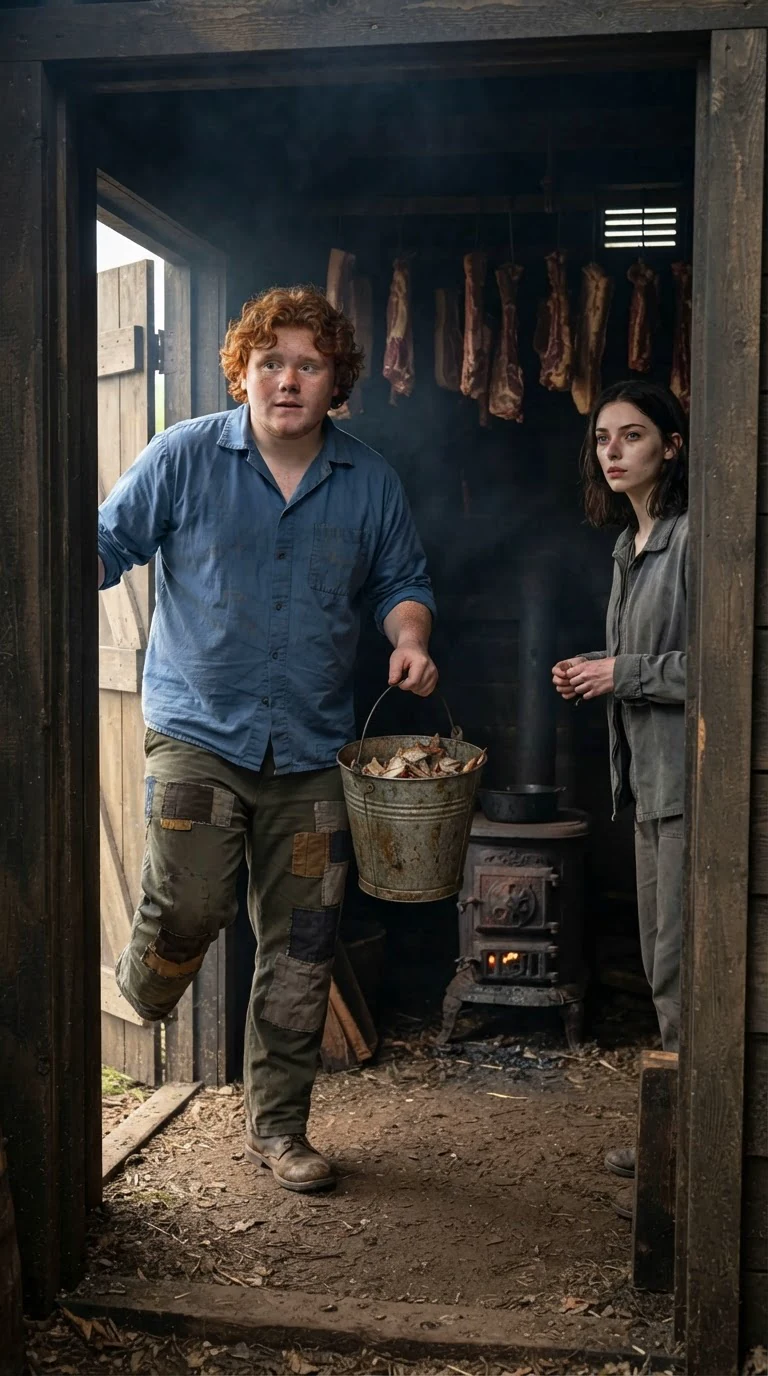 A round-faced young man with curly red hair limps into a smokehouse carrying a bucket.