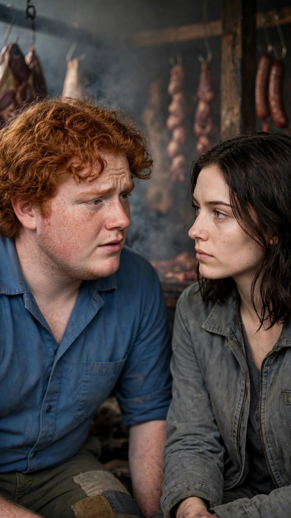 The red-haired young man speaks low to the dark-haired woman near the smokehouse racks.