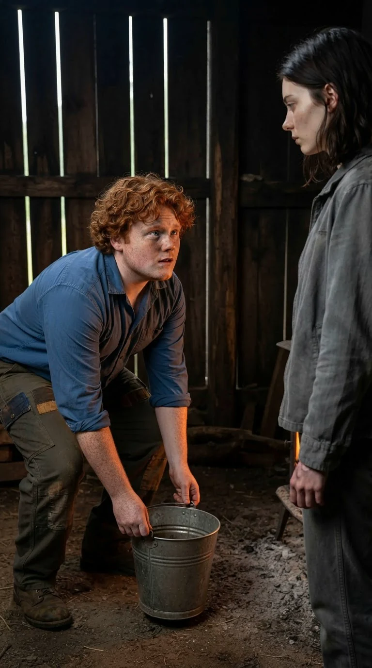 The red-haired young man sets down the bucket and stares at his friend.