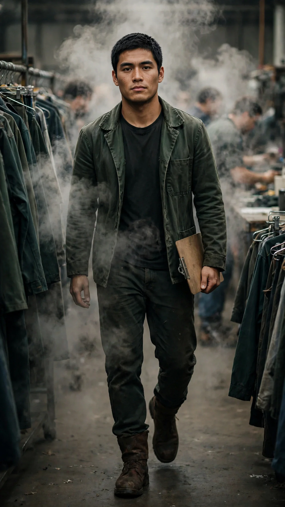A broad-shouldered dark-haired man in a green jacket walks the smokehouse row with a clipboard.