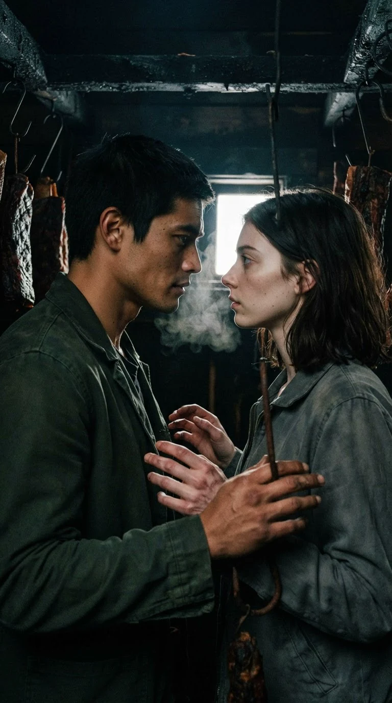 The dark-haired man stands close to the woman, his boots near hers, eyes locked.