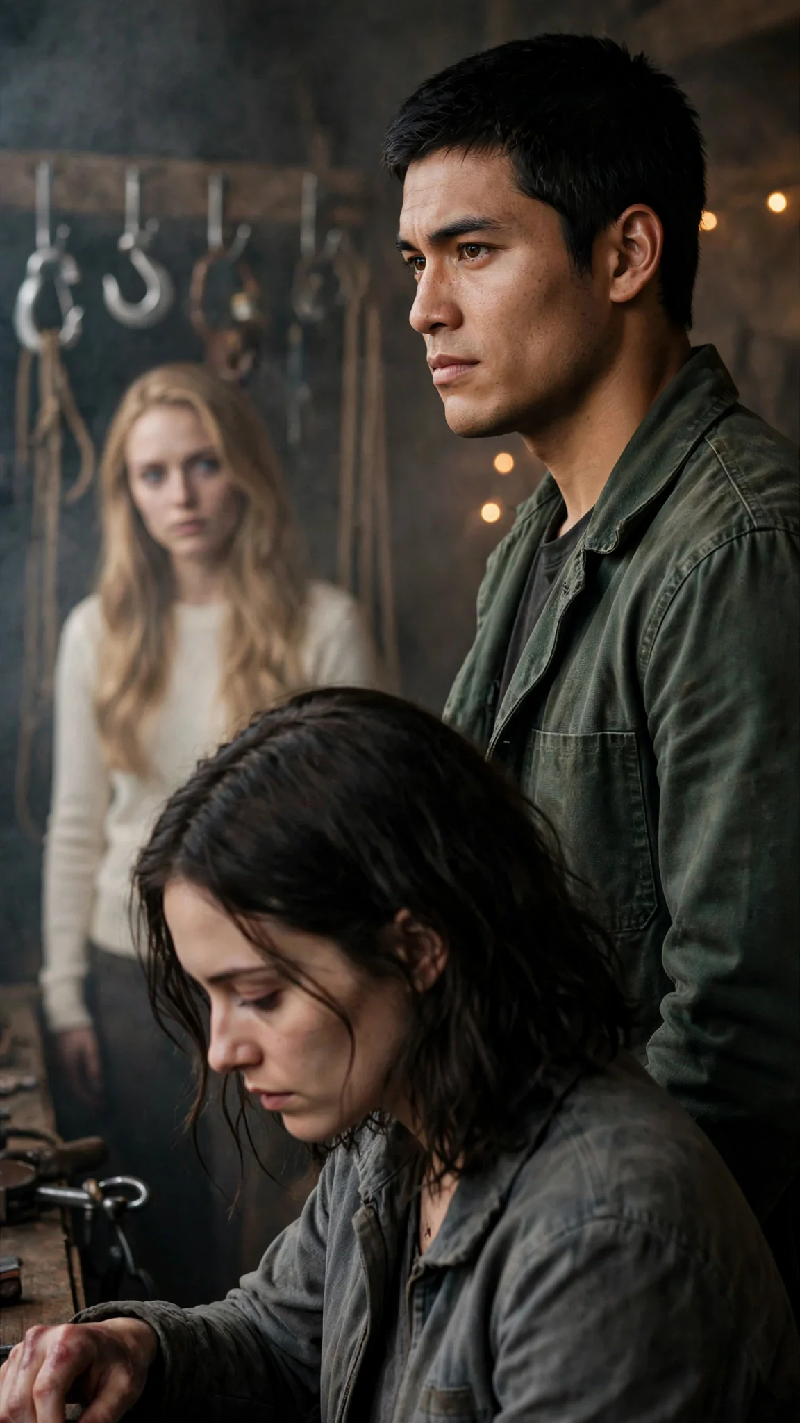 The man's jaw tightens as he glances across the smokehouse toward a blonde woman.