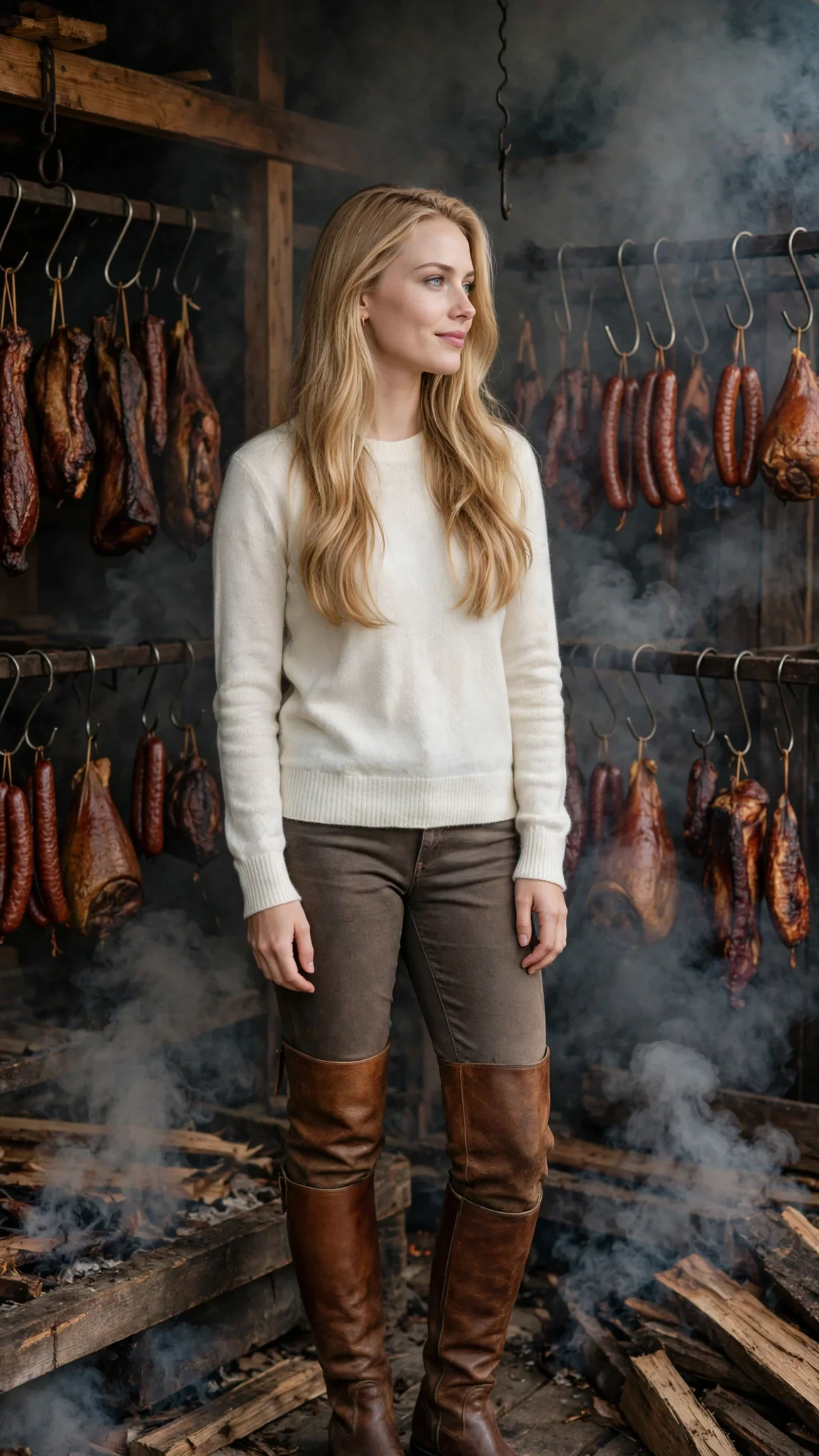 A blonde woman in a cream sweater smiles slowly from across the smokehouse.