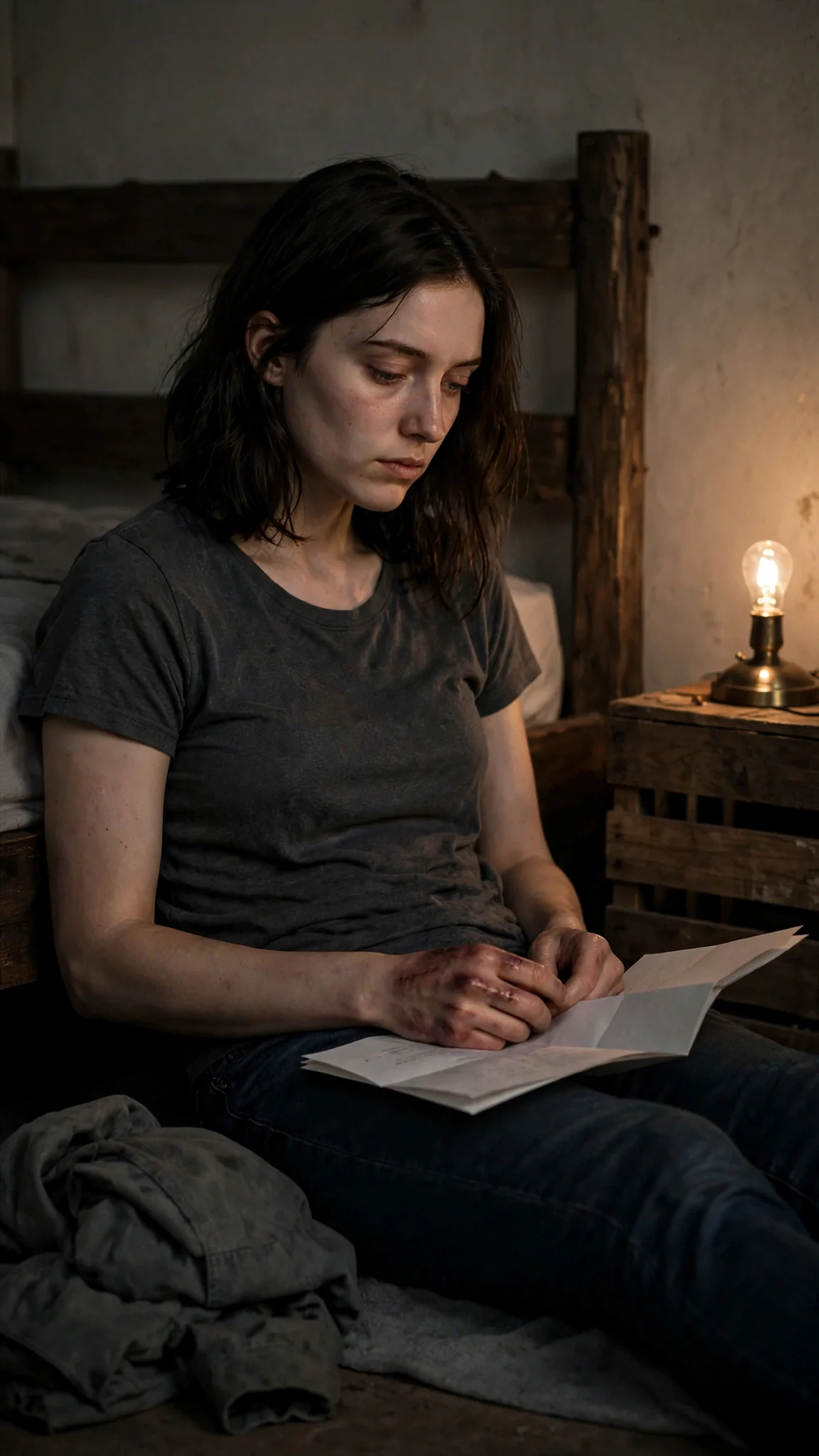 The dark-haired woman sits on her bedroom floor with folded paper in her lap.