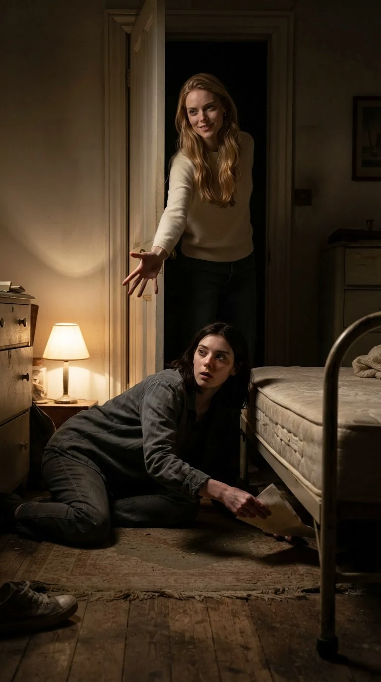 A blonde woman stands in the doorway of the small bedroom, one hand out.