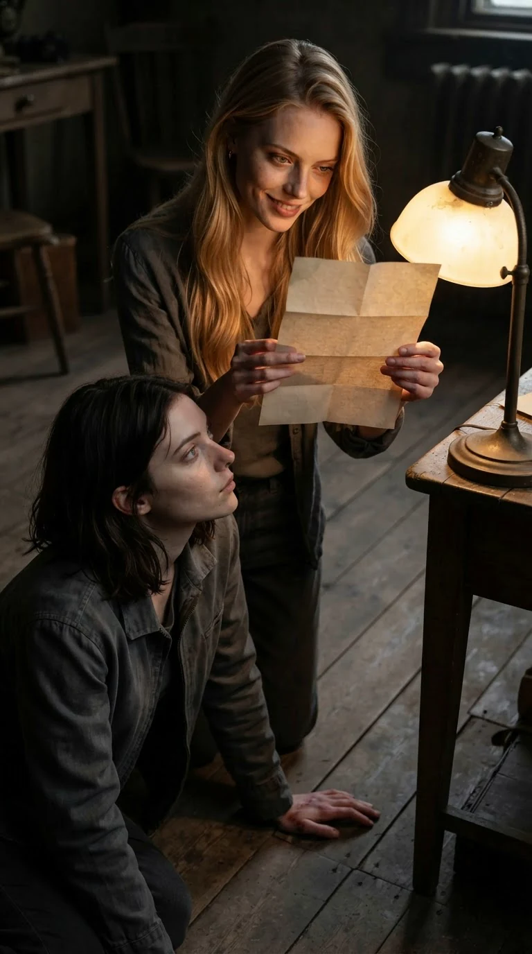 The blonde woman holds the paper up to the lamplight, smirking.
