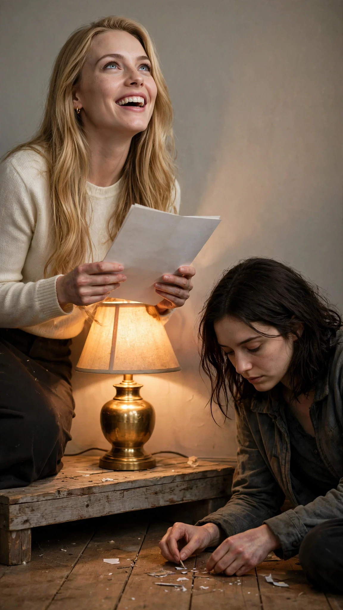 The blonde woman reads the paper aloud in a mocking singsong, chin lifted.