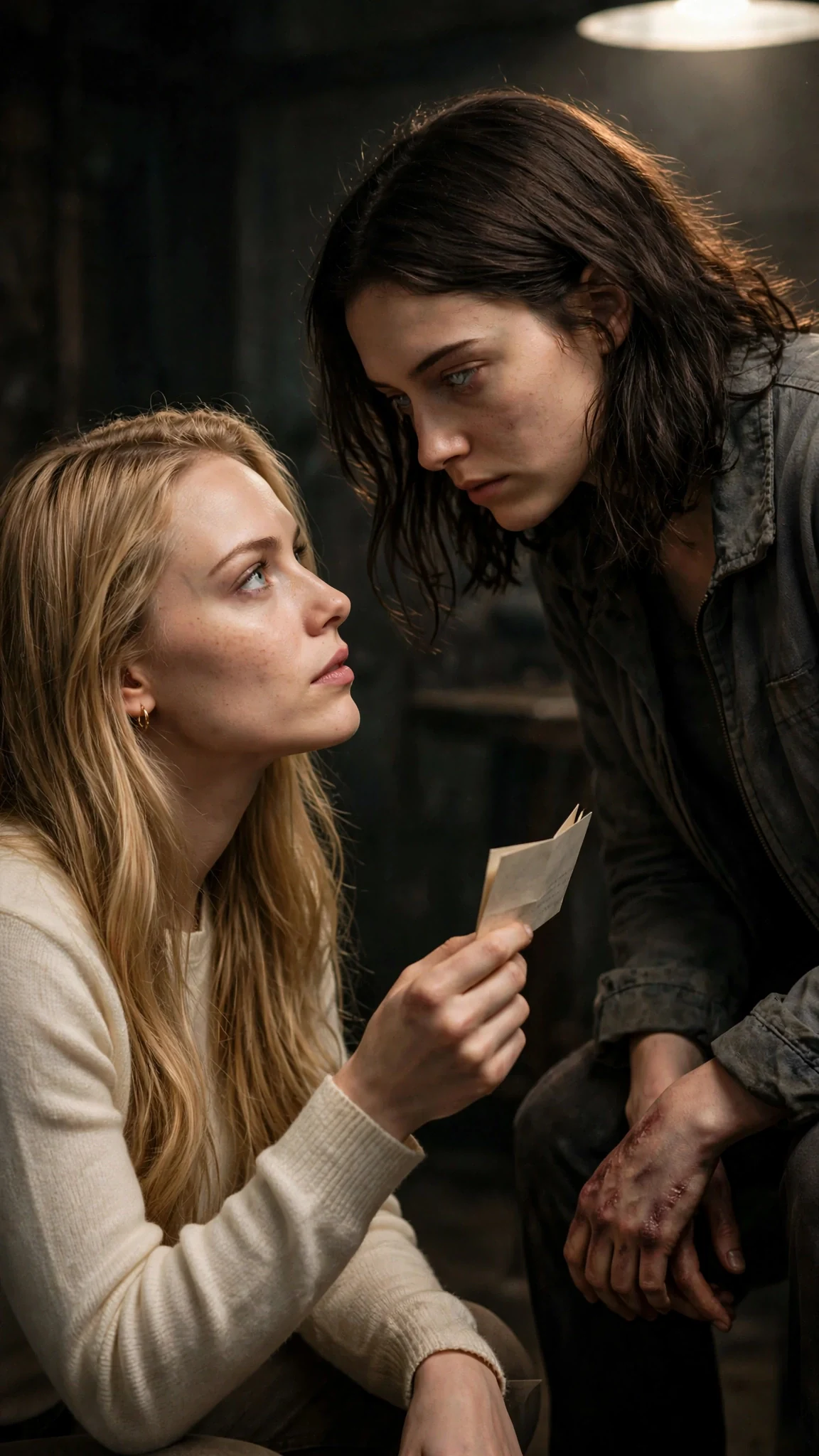 The blonde woman crouches down to the other woman's eye level, paper in hand.