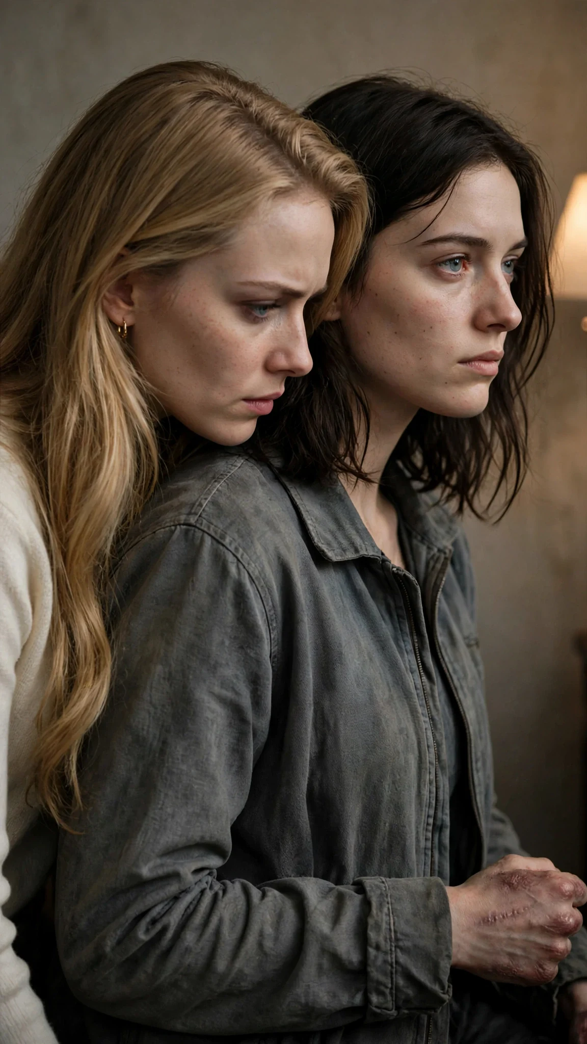 The blonde woman leans in to the other woman's throat and inhales, her expression turning cold.