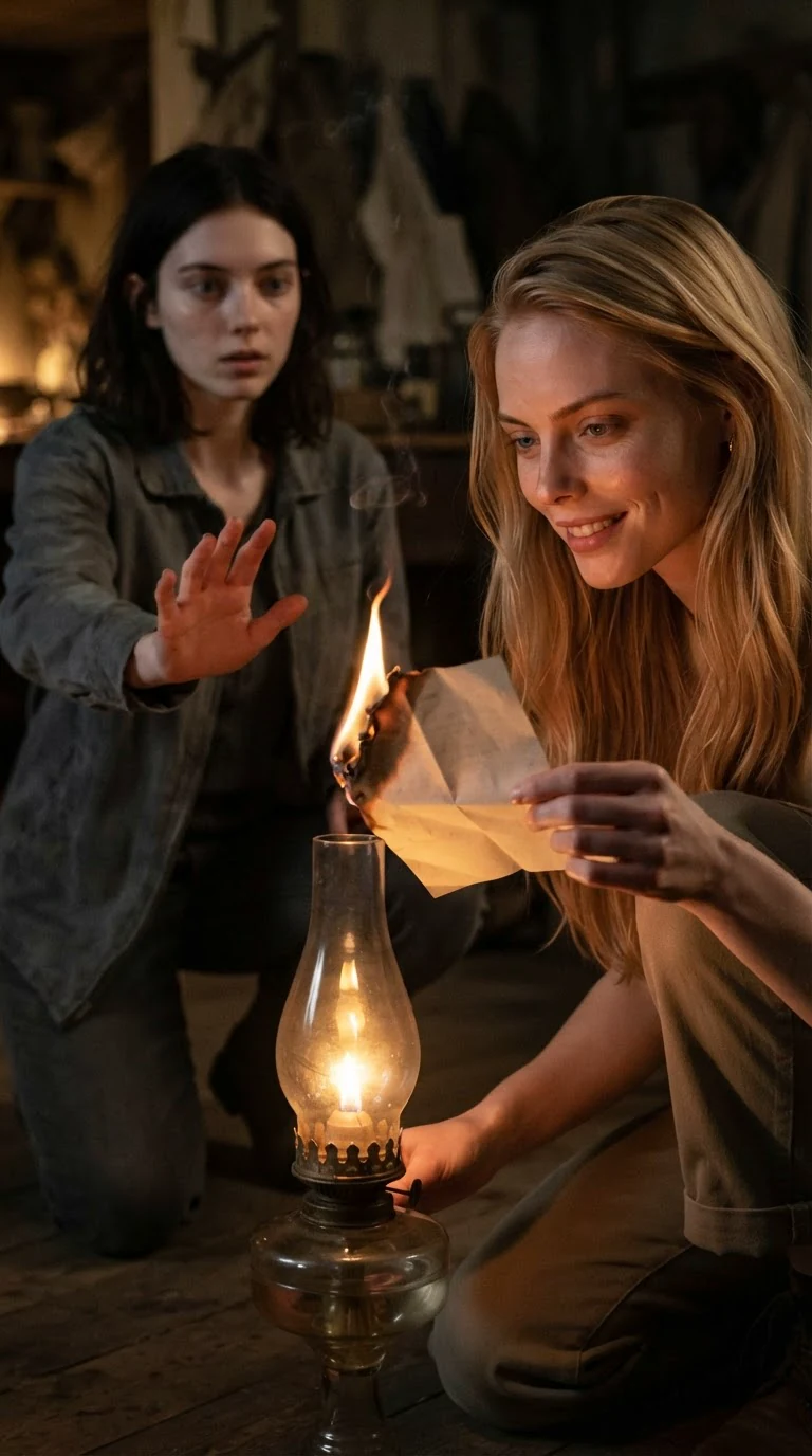 The paper's corner catches fire over a lamp chimney, held by a blonde woman.