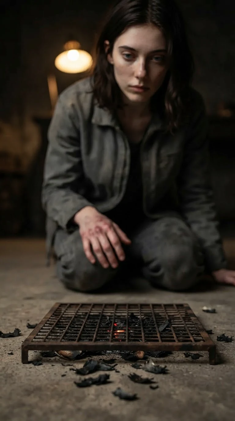 A dark-haired woman kneels and watches black ash fall into a small grate.