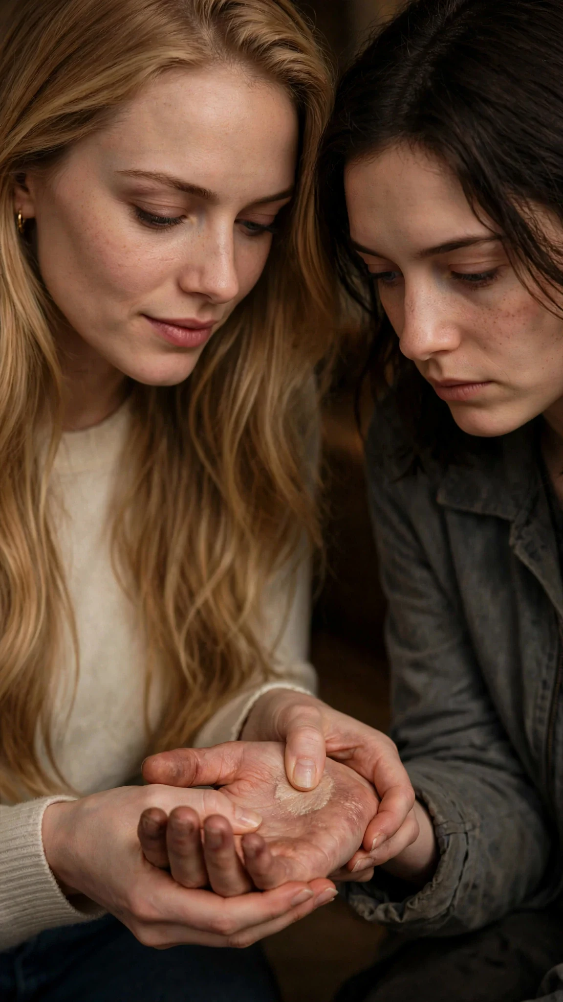 The blonde woman holds the other woman's scarred palm and presses a thumb into the old burn.