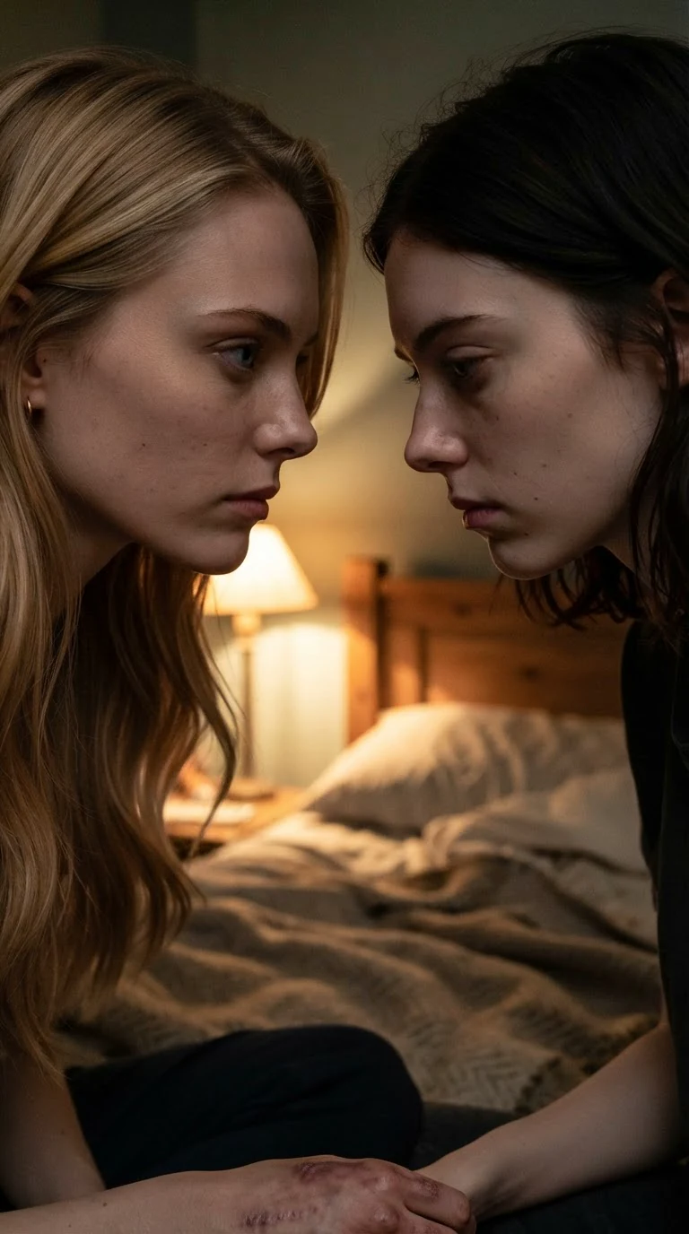 The blonde woman's face close and hard, the other woman's eyes lowered.