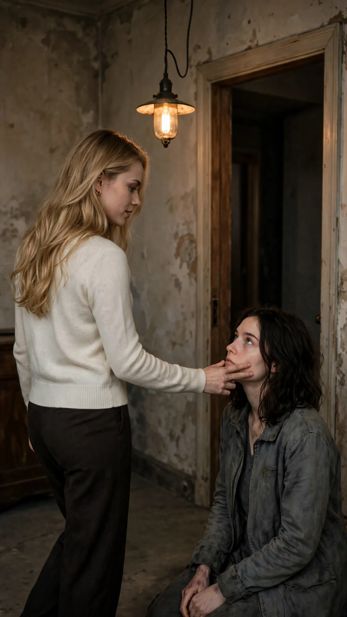 The blonde woman pats the other woman's cheek and turns to the door.