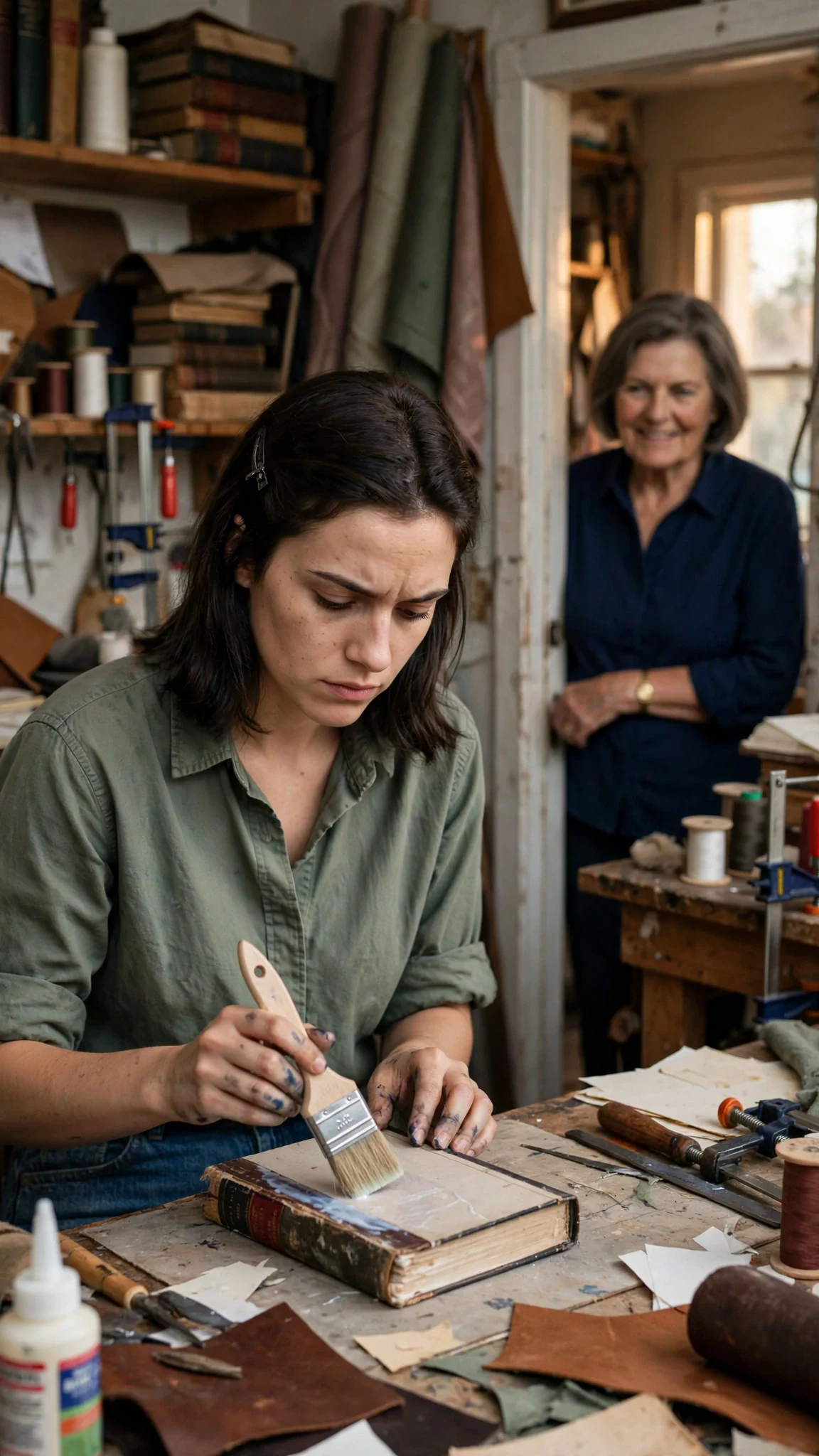 Darcy looks up from a book repair as her mother appears in the workroom doorway.